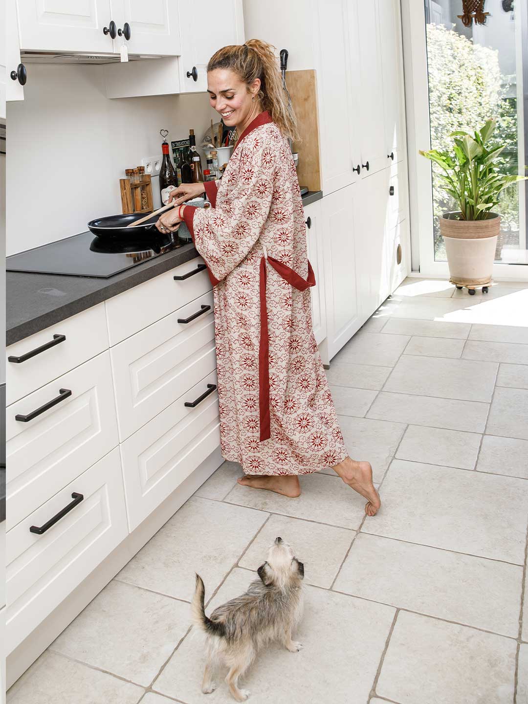 Linen Red Flowers - Long Kimono