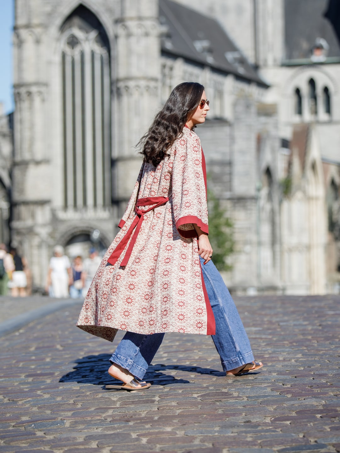 Linen Red Flowers - Long Kimono